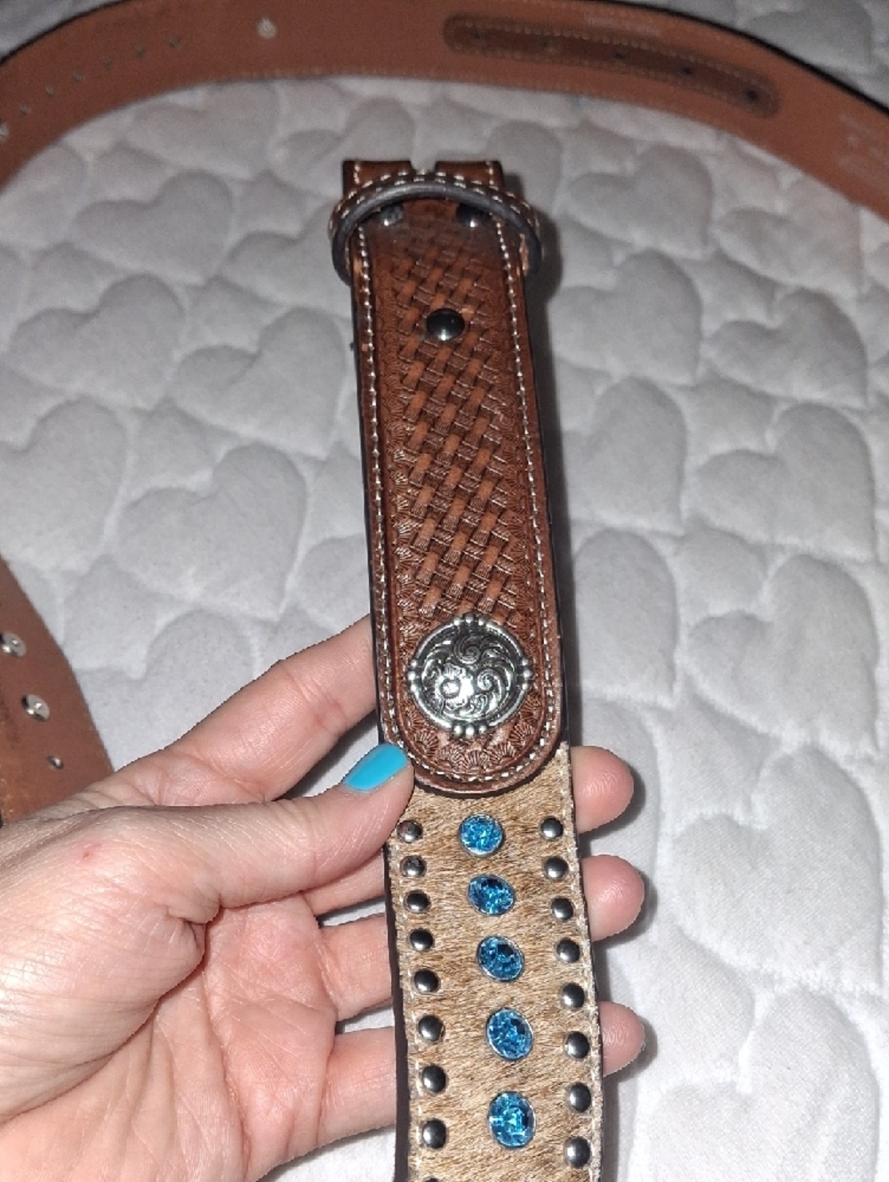 Brown Leather Belt with Turquoise Crystal Accents - Picture 3 of 7